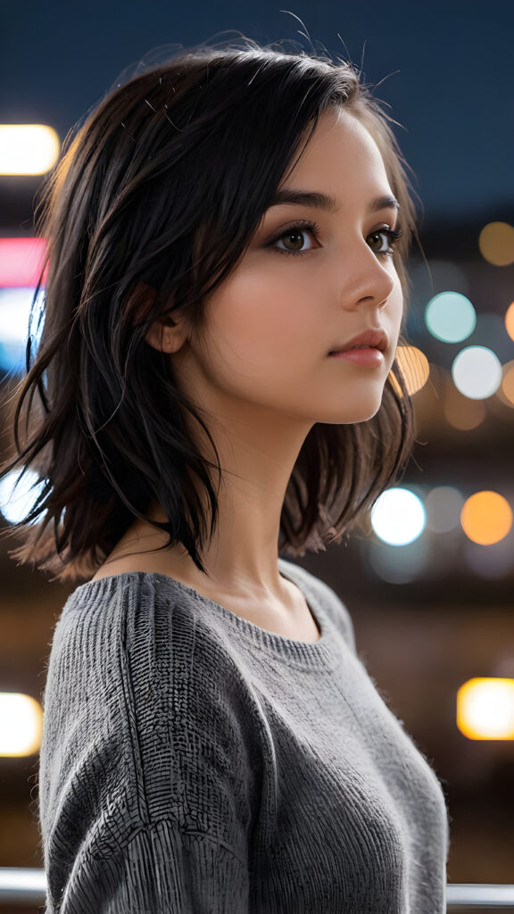 a beautifully drawn (((side profile image))) of a (((young, emo girl))) with flowing, shiny, shoulder-length black hair that frames her face gently. Her amber eyes sparkle in the light, and her complexion is a mix of light and dark browns, with a radiant glow. She is 15 years old, wearing a thin (((gray wool sweater))), which falls elegantly down her slender frame, accentuating every curve. Her expression is one of alluring seduction, as if beckoning the viewer to appreciate the intricate details of her appearance against a (softly detailed nighttime backdrop)