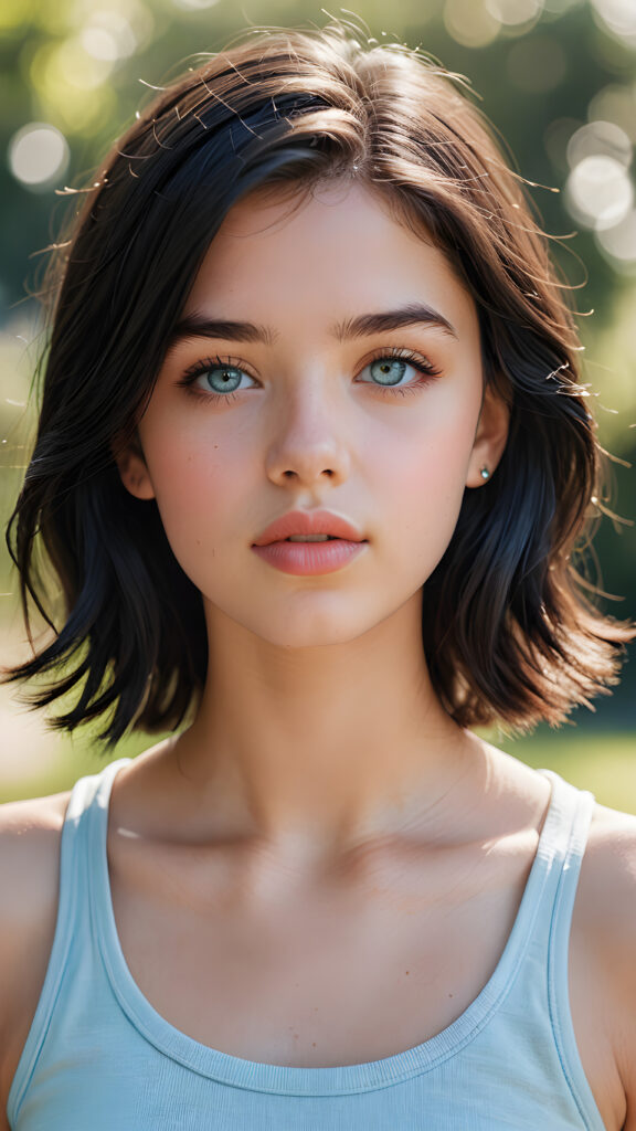 a beautifully drawn (((super realistic illustration))), featuring an (adorable tomboy) ((teenage girl)) with (full, angelic round lips), (black hair), and a (perfect face) with soft, (light blue eyes), short crop top