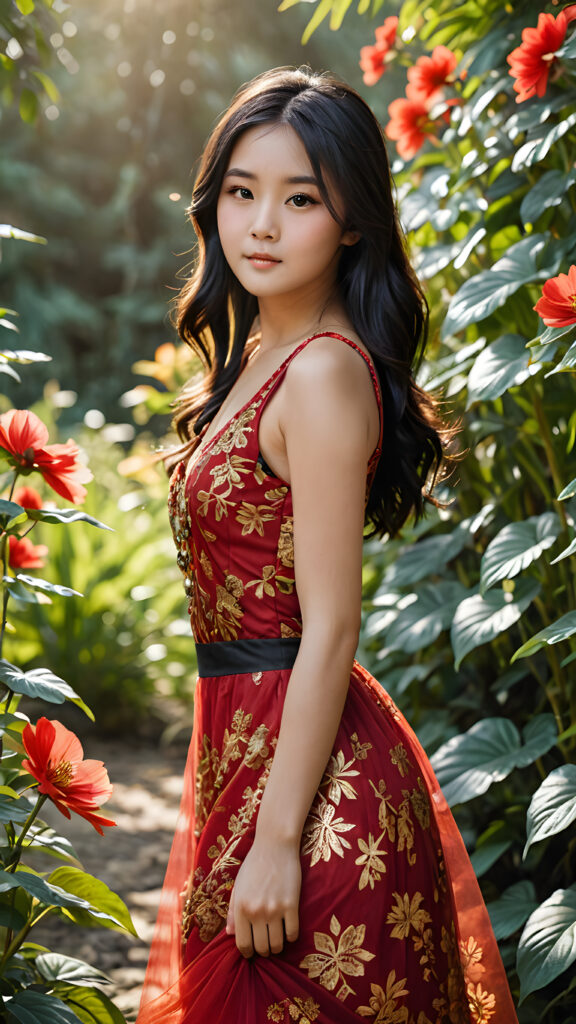 a beautifully drawn (((oriental girl))), with long middle-parted, side-swept black hair and big, round, cutely squinting (((black eyes))), accompanied by a (((round oval face))), dressed in a (((golden-patterned red tulle dress))), standing confidently amidst a (sunny, tranquil flower field) in a (vivid, lush jungle backdrop)