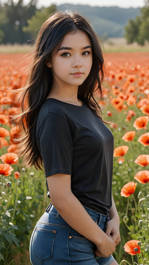 a beautifully drawn (((full body photo))), capturing a young ((teen girl)) with an realistic looking (((black thick, straight soft hair))), (realistic looking eyes) that convey a sense of warmth and vitality, dressed in a soft, ((black t-sirt)), ((short jeans pants)) that complements her natural-toned figure, embodying a youthful, innocent yet (mature) beauty that exudes confidence and allure. ((she stands in a sunny poppy field))