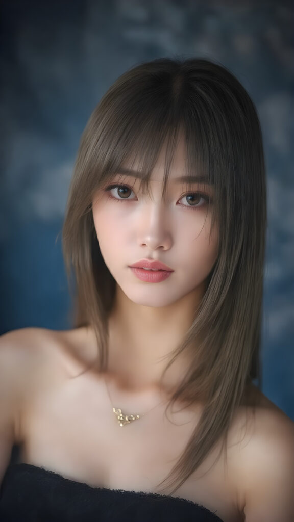 a beautifully drawn (((Japanese teen girl))), with intricate details and ornate patterns, long straight hair with side-swept bangs, showcasing a luxuriously chic bob, complemented by a flawless complexion and a stylish necklace, elegantly posed against a (softly glowing blue backdrop), perfect for any high-resolution, fashion-forward image, embodying the essence of a stunning model with a timeless beauty