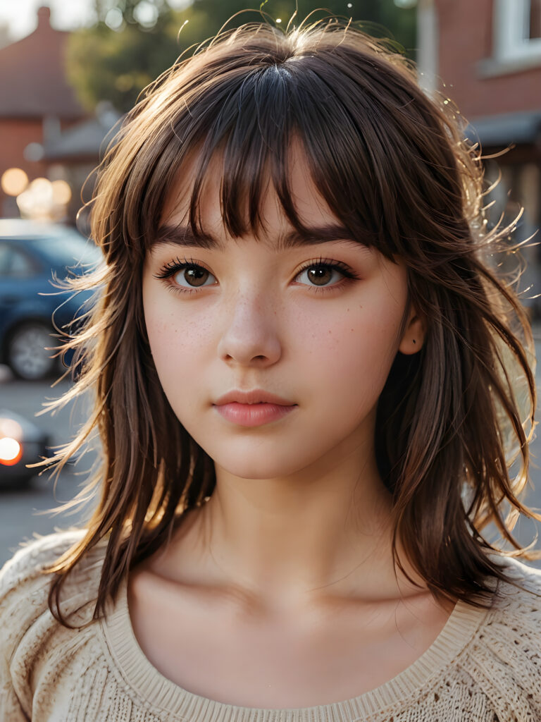 a beautifully drawn (((teen girl with bangs))), whose hair gracefully falls just past her shoulder, showcasing a (((distinctive mole))) on her left cheek