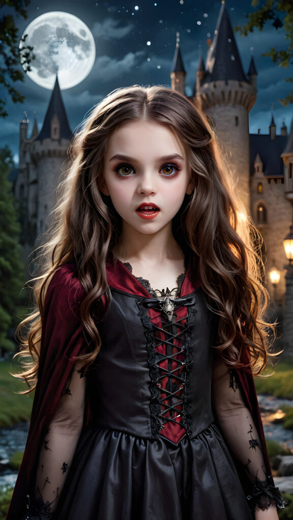 a beautifully drawn (((vividly detailed painting))), featuring a (((young vampire girl))) with flowing locks and intricate fangs, set against a (gothic backdrop of castles and moonlit forests)