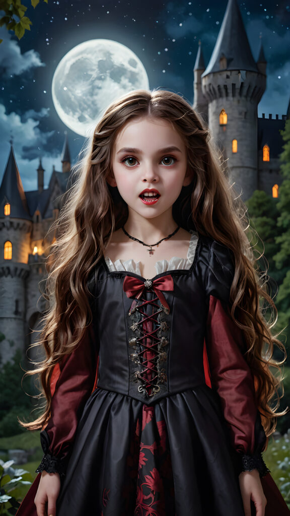 a beautifully drawn (((vividly detailed painting))), featuring a (((young vampire girl))) with flowing locks and intricate fangs, set against a (gothic backdrop of castles and moonlit forests)