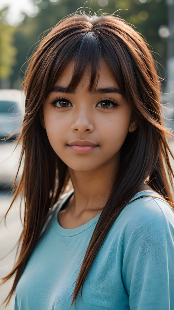 a beautifully drawn (((brown-skinned teen emo girl))) with flowing, softly waving (straight hair) framing her face in side bangs and highlighted by a contrasting light blue complexion, expressing a poignant feeling of melancholy and emotional detachment, set against a softly grey (backdrop)