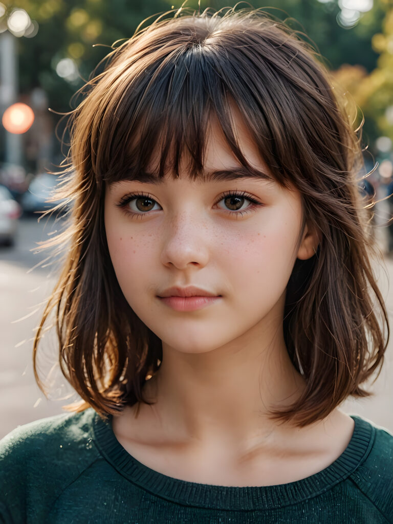 a beautifully drawn (((teen girl with bangs))), whose hair gracefully falls just past her shoulder, showcasing a (((distinctive mole))) on her left cheek