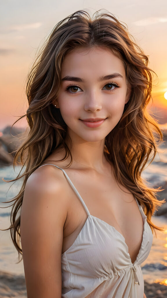 a beautifully drawn (((face of a young cute happy teen girl))) that exudes joy and happiness, ((brown wavy long soft hair) with its features subtly outlined by the (((sharp focus on her face))), and a soft, dreamlike glow that gives off a sense of pure cuteness. She is dressed in a (((low-cut tube top))), accentuating her figure and framing her face in a (((full-body portrait))), set against a backdrop of a vibrant sunset scene