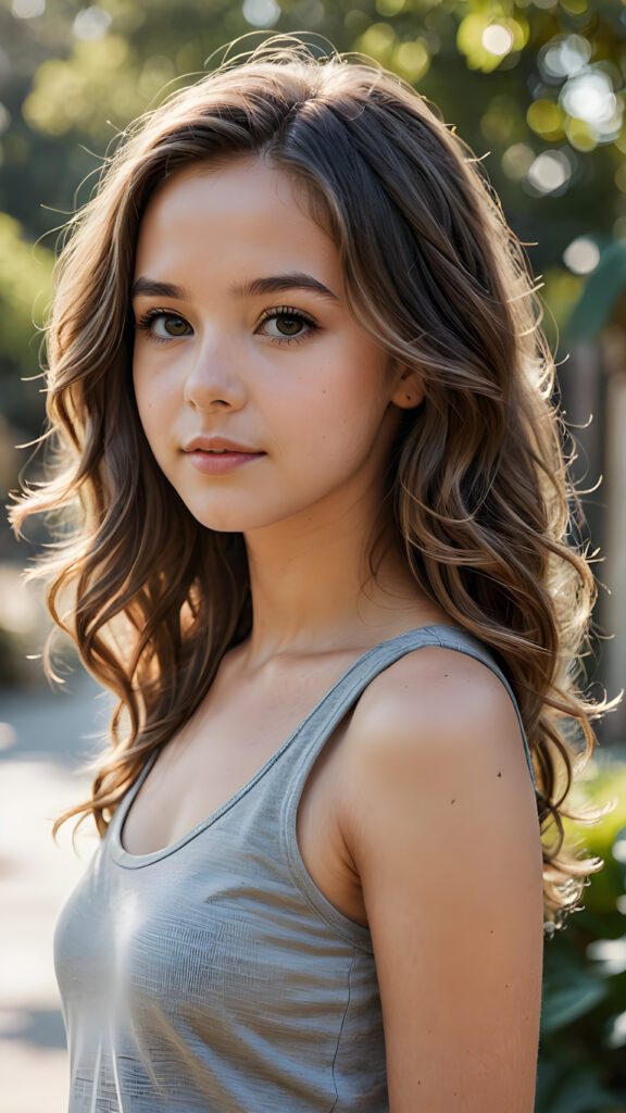 a beautifully drawn (((masterpiece portrait))) featuring a teen girl with soft, wavy hair and a grey, short cropped tank top, with a perfectly curved body and a side profile view