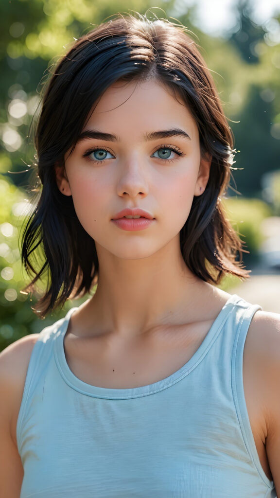 a beautifully drawn (((super realistic illustration))), featuring an (adorable tomboy) ((teenage girl)) with (full, angelic round lips), (black hair), and a (perfect face) with soft, (light blue eyes), short crop top