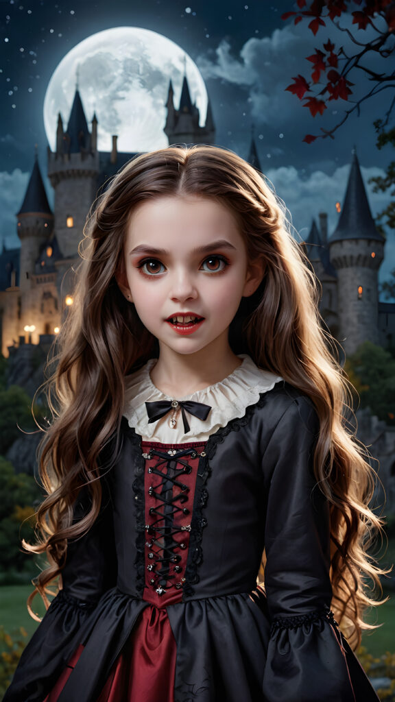 a beautifully drawn (((vividly detailed painting))), featuring a (((young vampire girl))) with flowing locks and intricate fangs, set against a (gothic backdrop of castles and moonlit forests)