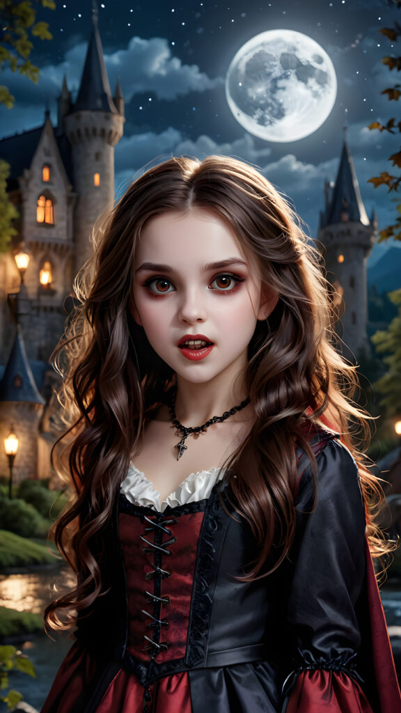 a beautifully drawn (((vividly detailed painting))), featuring a (((young vampire girl))) with flowing locks and intricate fangs, set against a (gothic backdrop of castles and moonlit forests)