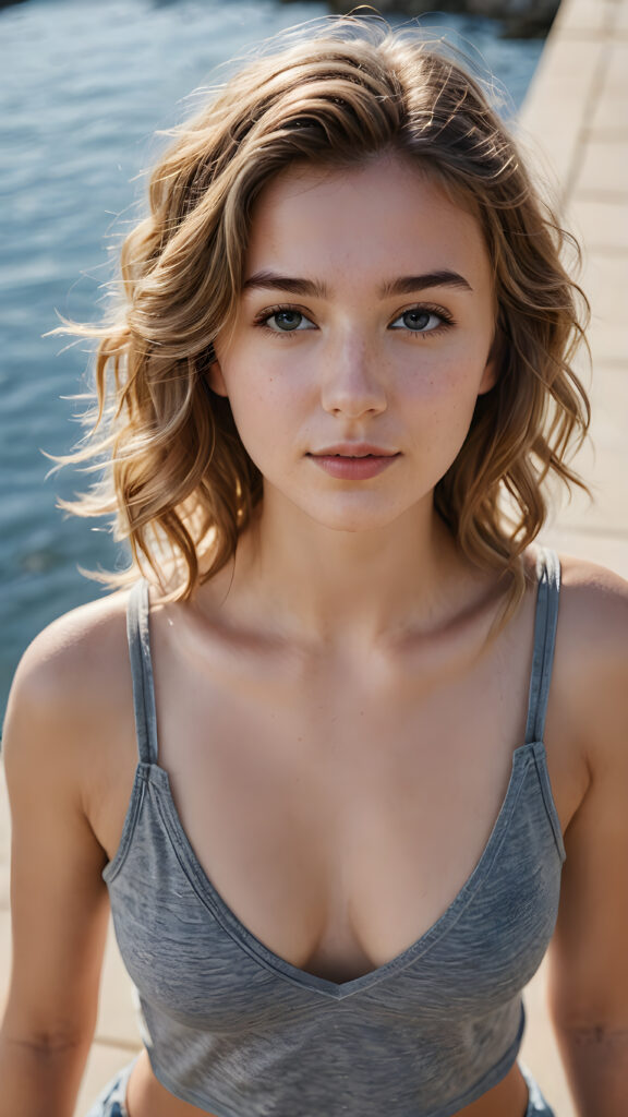 a beautifully drawn (((masterpiece portrait))) featuring a teen girl with soft, wavy hair and a grey, short cropped tank top and deep v-neck, with a perfectly curved body, view from above