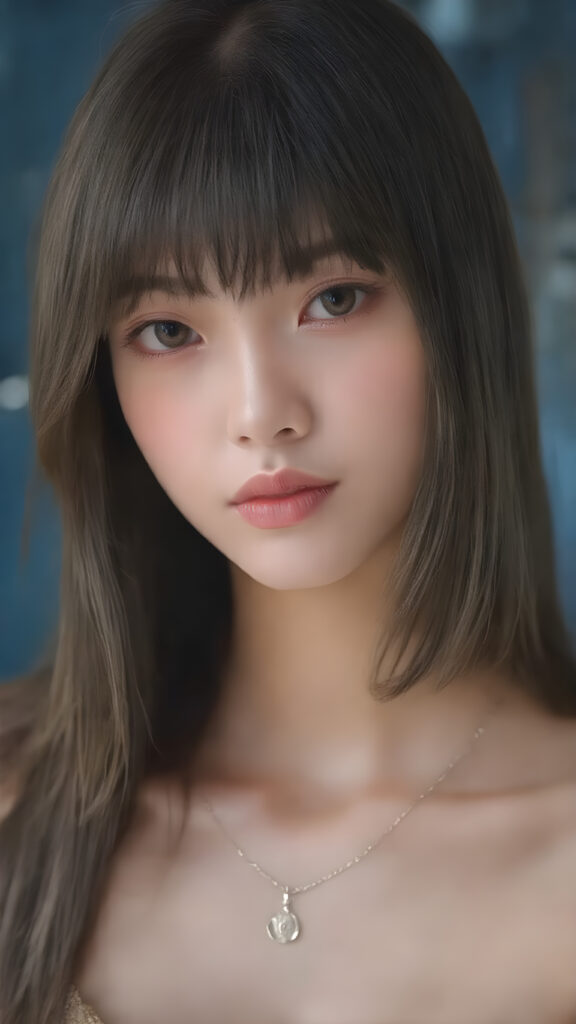 a beautifully drawn (((Japanese teen girl))), with intricate details and ornate patterns, long straight hair with side-swept bangs, showcasing a luxuriously chic bob, complemented by a flawless complexion and a stylish necklace, elegantly posed against a (softly glowing blue backdrop), perfect for any high-resolution, fashion-forward image, embodying the essence of a stunning model with a timeless beauty