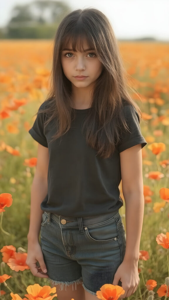 a beautifully drawn (((full body photo))), capturing a young ((teen girl)) with an realistic looking (((black thick, straight soft hair))), (realistic looking eyes) that convey a sense of warmth and vitality, dressed in a soft, ((black t-shirt)), ((short jeans pants)) that complements her natural-toned figure, embodying a youthful, innocent yet (mature) beauty that exudes confidence and allure. ((she stands in a sunny poppy field))