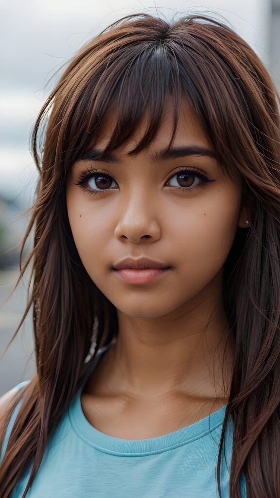 a beautifully drawn (((brown-skinned teen emo girl))) with flowing, softly waving (straight hair) framing her face in side bangs and highlighted by a contrasting light blue complexion, expressing a poignant feeling of melancholy and emotional detachment, set against a softly grey (backdrop)