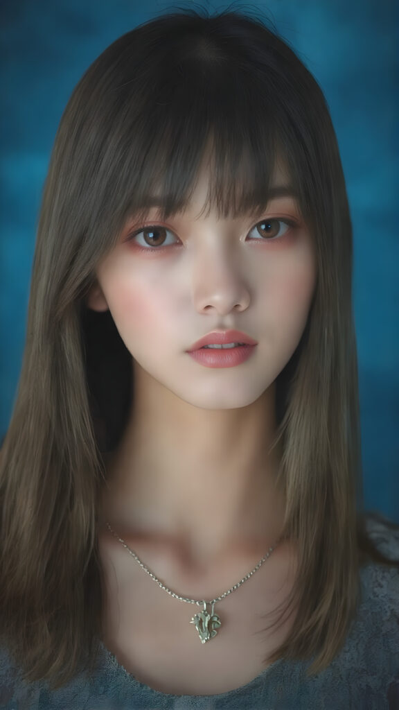 a beautifully drawn (((Japanese teen girl))), with intricate details and ornate patterns, long straight hair with side-swept bangs, showcasing a luxuriously chic bob, complemented by a flawless complexion and a stylish necklace, elegantly posed against a (softly glowing blue backdrop), perfect for any high-resolution, fashion-forward image, embodying the essence of a stunning model with a timeless beauty