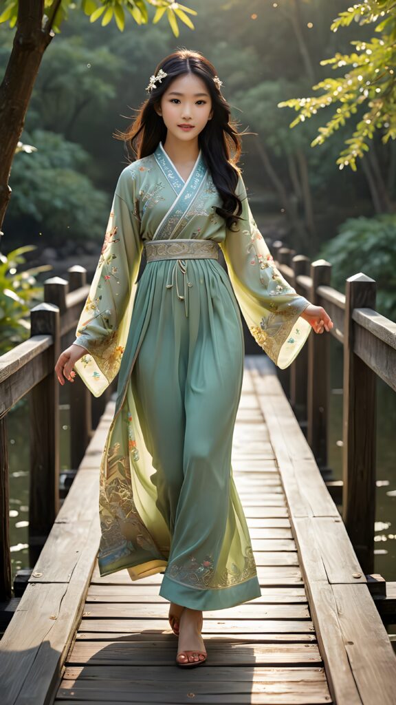 a beautifully drawn (((Asian teen girl))) with flowing, black hair, intricate details and ornate patterns, poised confidently as she gracefully steps across a (((traditional Korean wooden bridge))), captured from an (((oblique angle))), where the scene is infused with a (((softly glowing backdrop))), evoking the timeless elegance of the Victorian era, interwoven with the ethereal softness of (((twinkling fireflies))) that softly dance above, complementing the serene atmosphere that surrounds this exquisite figure