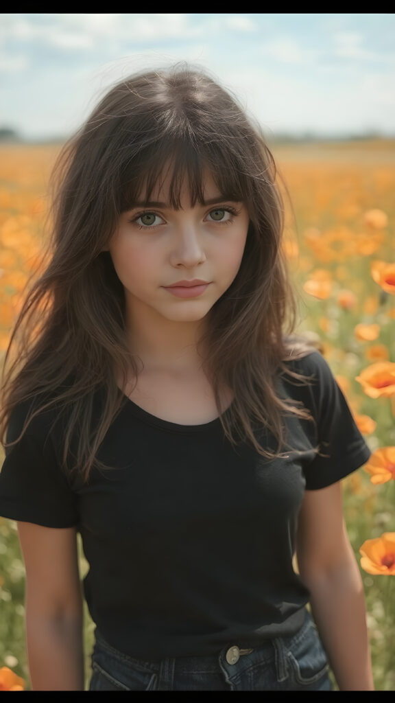 a beautifully drawn (((full body photo))), capturing a young ((teen girl)) with an realistic looking (((black thick, straight soft hair))), (realistic looking eyes) that convey a sense of warmth and vitality, dressed in a soft, ((black t-shirt)), ((short jeans pants)) that complements her natural-toned figure, embodying a youthful, innocent yet (mature) beauty that exudes confidence and allure. ((she stands in a sunny poppy field))