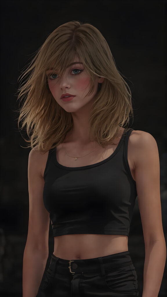 a beautifully drawn (((realistic young teenage girl with flowing, mid-length hair))), intricate details in her face and hands, dressed in a (((form-fitting, sleeveless crop tank top))), featuring a high collar and cuffed sleeves, paired with (((tight, black pants))), all drawn with utmost (advanced resolution and striking contrast), offset by a (dramatic, inky shadow) that accentuates every contour, exuding an air of (serious sophistication) in a side profile portrait