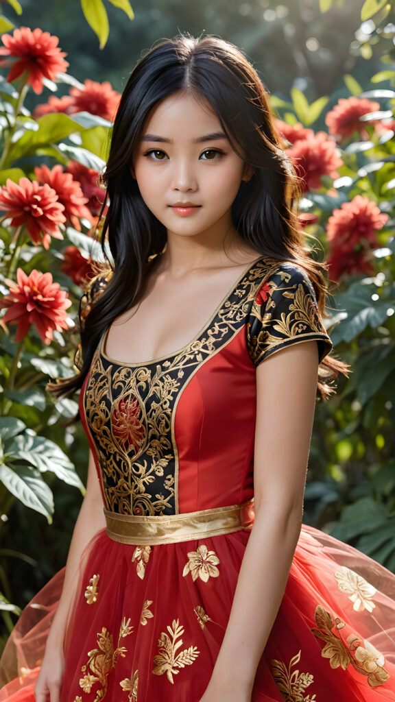 a beautifully drawn (((oriental girl))), with long middle-parted, side-swept black hair and big, round, cutely squinting (((black eyes))), accompanied by a (((round oval face))), dressed in a (((golden-patterned red tulle dress))), standing confidently amidst a (sunny, tranquil flower field) in a (vivid, lush jungle backdrop)