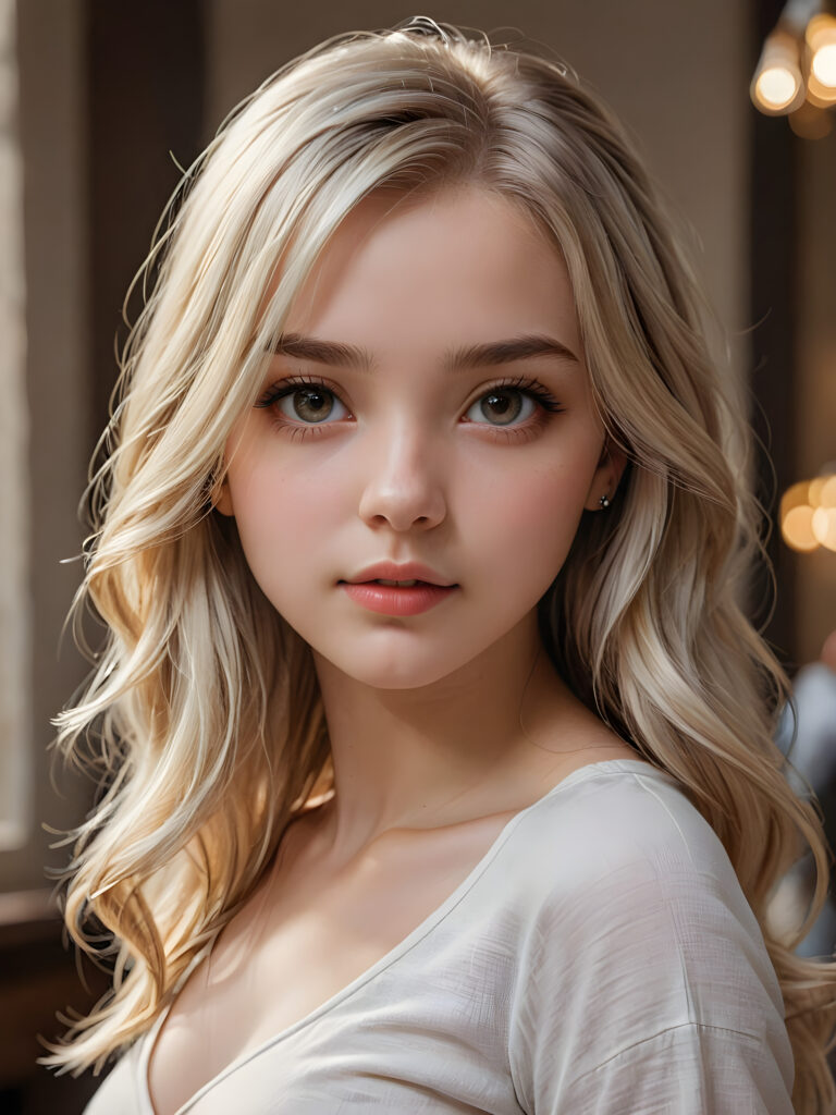 a beautifully drawn (((detailed and super realistic))), advanced digital illustration of a 17-year-old girl with long, flowing platinum hair that cascades down her face and forehead, framing a captivating gaze that draws the viewer in. Her form is expertly drawn, with a thin, cropped white t-shirt molded to her figure, highlighting every curve and angle