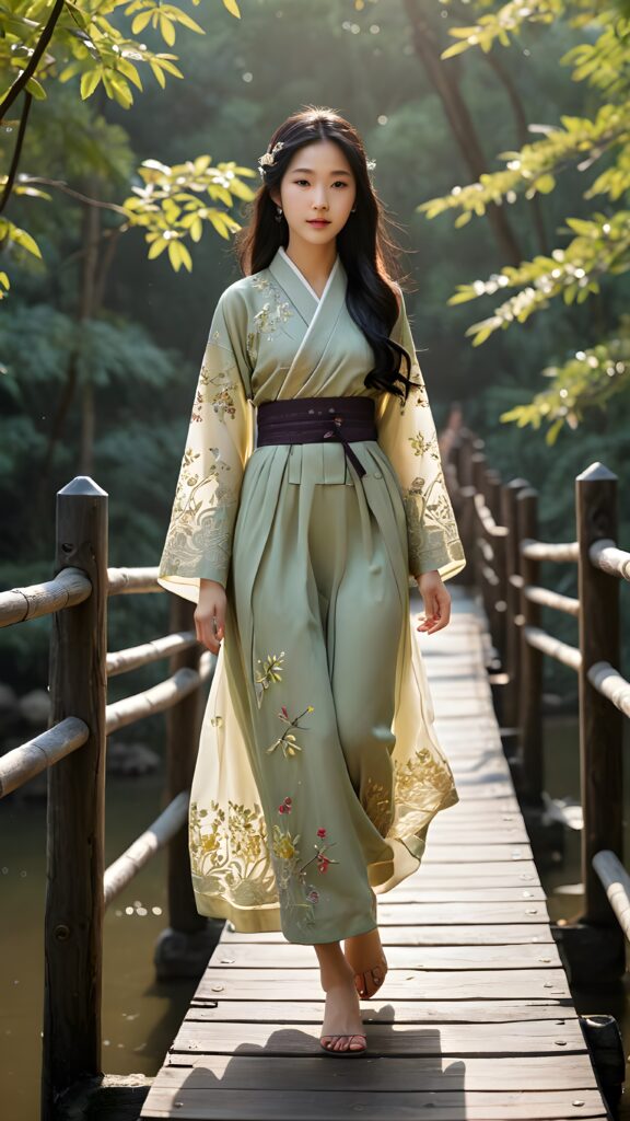 a beautifully drawn (((Asian teen girl))) with flowing, black hair, intricate details and ornate patterns, poised confidently as she gracefully steps across a (((traditional Korean wooden bridge))), captured from an (((oblique angle))), where the scene is infused with a (((softly glowing backdrop))), evoking the timeless elegance of the Victorian era, interwoven with the ethereal softness of (((twinkling fireflies))) that softly dance above, complementing the serene atmosphere that surrounds this exquisite figure