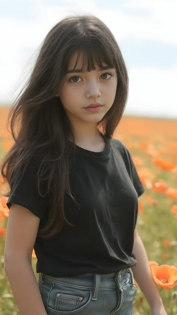 a beautifully drawn (((full body photo))), capturing a young ((teen girl)) with an realistic looking (((black thick, straight soft hair))), (realistic looking eyes) that convey a sense of warmth and vitality, dressed in a soft, ((black t-shirt)), ((short jeans pants)) that complements her natural-toned figure, embodying a youthful, innocent yet (mature) beauty that exudes confidence and allure. ((she stands in a sunny poppy field))