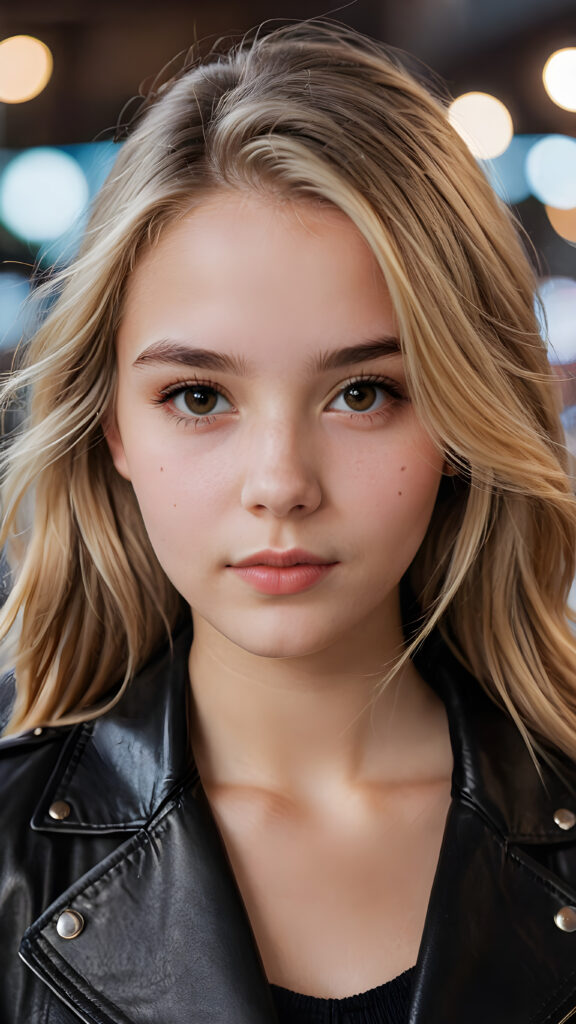 a beautifully drawn (((close-up portrait))), capturing a (((cute 16-year-old girl))) with long, straight soft blonde hair, defined brows, and dark brown eyes, dressed in a sleek, black leather jacket, exuding an air of sophistication