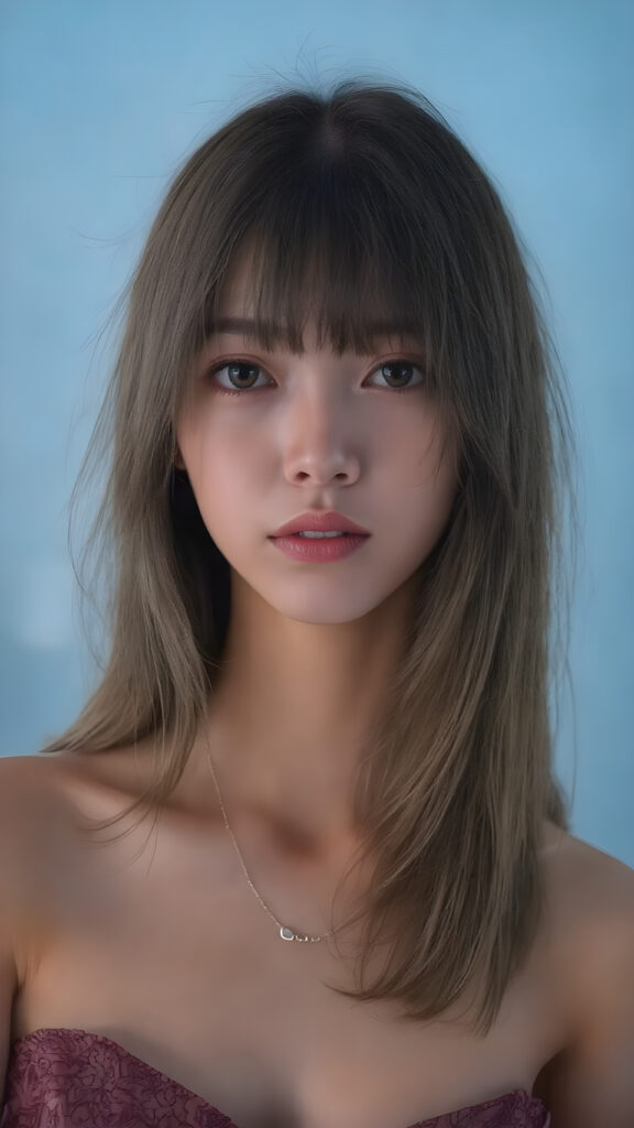 a beautifully drawn (((Japanese teen girl))), with intricate details and ornate patterns, long straight hair with side-swept bangs, showcasing a luxuriously chic bob, complemented by a flawless complexion and a stylish necklace, elegantly posed against a (softly glowing blue backdrop), perfect for any high-resolution, fashion-forward image, embodying the essence of a stunning model with a timeless beauty