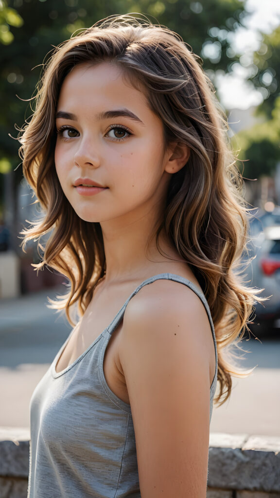 a beautifully drawn (((masterpiece portrait))) featuring a teen girl with soft, wavy hair and a grey, short cropped tank top, with a perfectly curved body and a side profile view