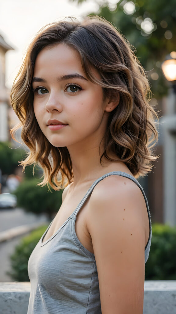 a beautifully drawn (((masterpiece portrait))) featuring a teen girl with soft, wavy hair and a grey, short cropped tank top, with a perfectly curved body and a side profile view