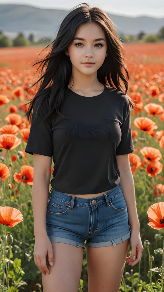 a beautifully drawn (((full body photo))), capturing a young ((teen girl)) with an realistic looking (((black thick, straight soft hair))), (realistic looking eyes) that convey a sense of warmth and vitality, dressed in a soft, ((black t-sirt)), ((short jeans pants)) that complements her natural-toned figure, embodying a youthful, innocent yet (mature) beauty that exudes confidence and allure. ((she stands in a sunny poppy field))