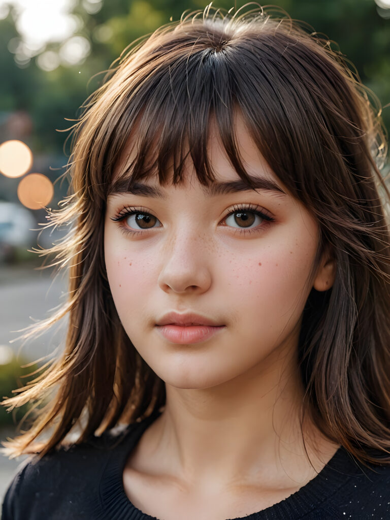 a beautifully drawn (((teen girl with bangs))), whose hair gracefully falls just past her shoulder, showcasing a (((distinctive mole))) on her left cheek