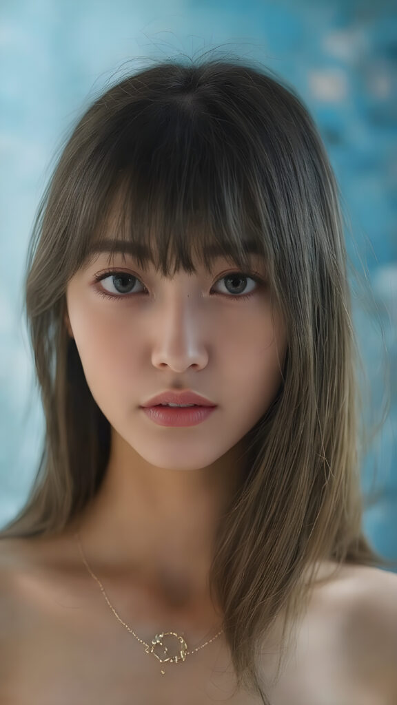 a beautifully drawn (((Japanese teen girl))), with intricate details and ornate patterns, long straight hair with side-swept bangs, showcasing a luxuriously chic bob, complemented by a flawless complexion and a stylish necklace, elegantly posed against a (softly glowing blue backdrop), perfect for any high-resolution, fashion-forward image, embodying the essence of a stunning model with a timeless beauty