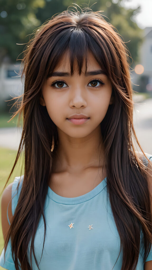 a beautifully drawn (((brown-skinned teen emo girl))) with flowing, softly waving (straight hair) framing her face in side bangs and highlighted by a contrasting light blue complexion, expressing a poignant feeling of melancholy and emotional detachment, set against a softly grey (backdrop)