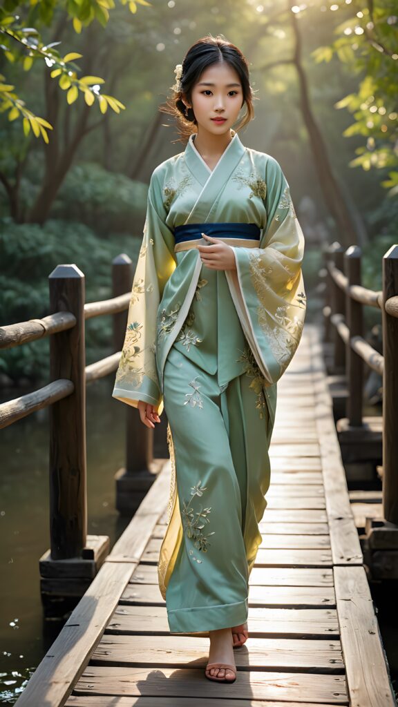 a beautifully drawn (((Asian teen girl))) with flowing, black hair, intricate details and ornate patterns, poised confidently as she gracefully steps across a (((traditional Korean wooden bridge))), captured from an (((oblique angle))), where the scene is infused with a (((softly glowing backdrop))), evoking the timeless elegance of the Victorian era, interwoven with the ethereal softness of (((twinkling fireflies))) that softly dance above, complementing the serene atmosphere that surrounds this exquisite figure