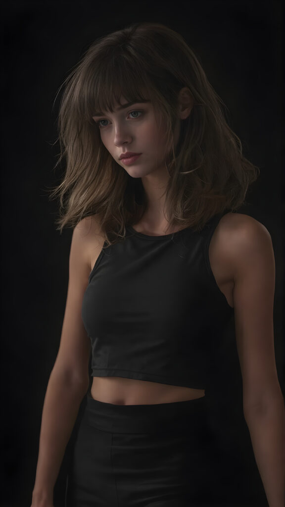 a beautifully drawn (((realistic young teenage girl with flowing, mid-length hair))), intricate details in her face and hands, dressed in a (((form-fitting, sleeveless crop tank top))), featuring a high collar and cuffed sleeves, paired with (((tight, black pants))), all drawn with utmost (advanced resolution and striking contrast), offset by a (dramatic, inky shadow) that accentuates every contour, exuding an air of (serious sophistication) in a side profile portrait