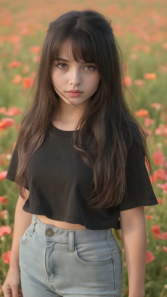 a beautifully drawn (((full body photo))), capturing a young ((teen girl)) with an realistic looking (((black thick, straight soft hair))), (realistic looking eyes) that convey a sense of warmth and vitality, dressed in a soft, ((black t-shirt)), ((short jeans pants)) that complements her natural-toned figure, embodying a youthful, innocent yet (mature) beauty that exudes confidence and allure. ((she stands in a sunny poppy field))