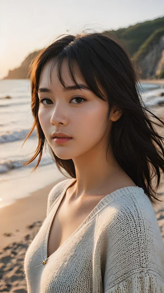 a beautifully drawn (((photo))), capturing a thoughtful (teen girl with soft, straight black shoulder-length hair framing her face in gentle bangs) on a tranquil, lonely beach at dawn, where the rising sun casts a warm glow around her. She wears a luxuriously soft, slightly see-through, chunky wool sweater in a timeless, bohemian style that complements her flawless, curvy figure