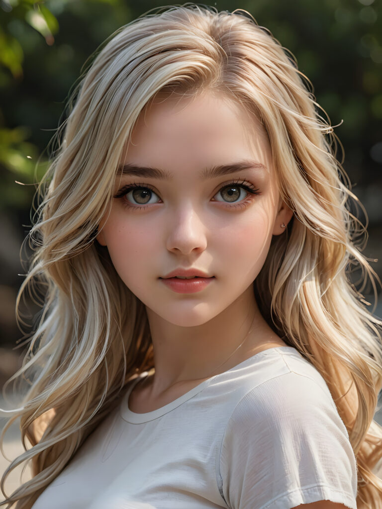 a beautifully drawn (((detailed and super realistic))), advanced digital illustration of a 17-year-old girl with long, flowing platinum hair that cascades down her face and forehead, framing a captivating gaze that draws the viewer in. Her form is expertly drawn, with a thin, cropped white t-shirt molded to her figure, highlighting every curve and angle