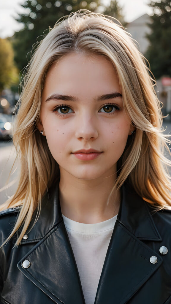 a beautifully drawn (((close-up portrait))), capturing a (((cute 16-year-old girl))) with long, straight soft blonde hair, defined brows, and dark brown eyes, dressed in a sleek, black leather jacket, exuding an air of sophistication