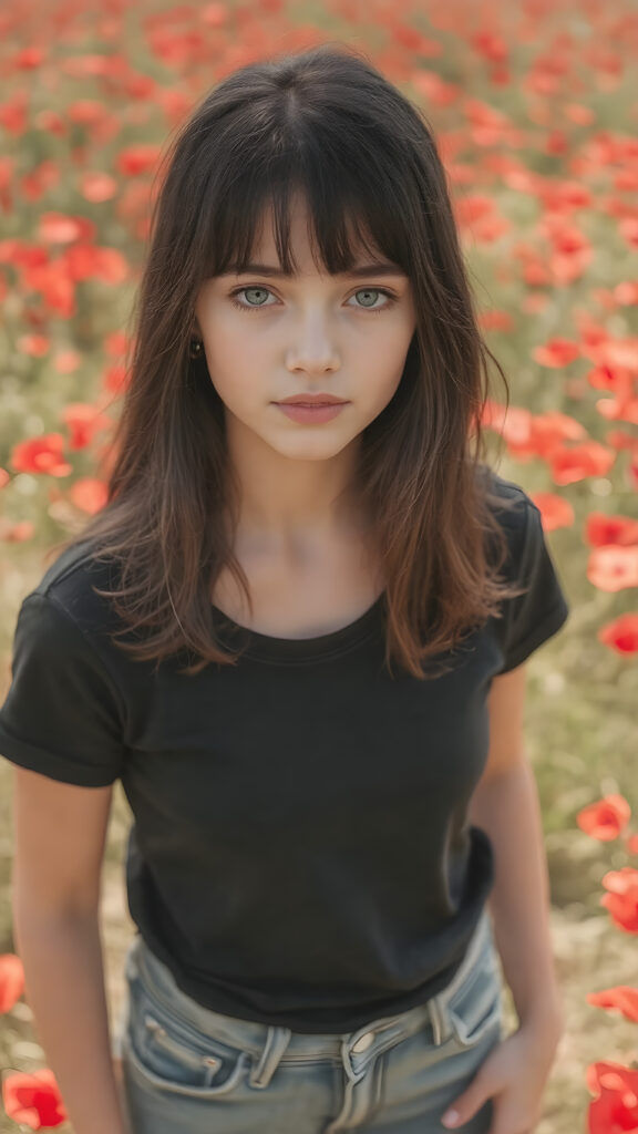 a beautifully drawn (((full body photo))), capturing a young ((teen girl)) with an realistic looking (((black thick, straight soft hair))), (realistic looking eyes) that convey a sense of warmth and vitality, dressed in a soft, ((black t-shirt)), ((short jeans pants)) that complements her natural-toned figure, embodying a youthful, innocent yet (mature) beauty that exudes confidence and allure. ((she stands in a sunny poppy field))