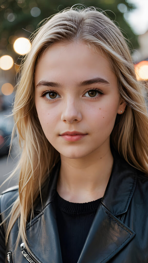 a beautifully drawn (((close-up portrait))), capturing a (((cute 16-year-old girl))) with long, straight soft blonde hair, defined brows, and dark brown eyes, dressed in a sleek, black leather jacket, exuding an air of sophistication