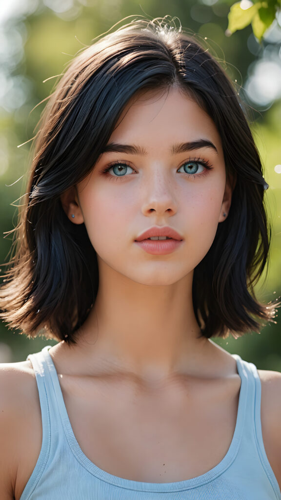 a beautifully drawn (((super realistic illustration))), featuring an (adorable tomboy) ((teenage girl)) with (full, angelic round lips), (black hair), and a (perfect face) with soft, (light blue eyes), short crop top