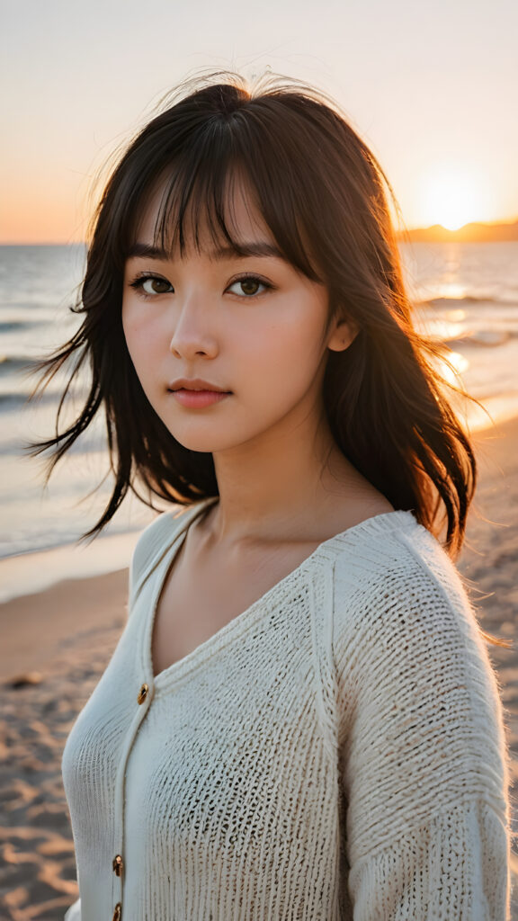 a beautifully drawn (((photo))), capturing a thoughtful (teen girl with soft, straight black shoulder-length hair framing her face in gentle bangs) on a tranquil, lonely beach at dawn, where the rising sun casts a warm glow around her. She wears a luxuriously soft, slightly see-through, chunky wool sweater in a timeless, bohemian style that complements her flawless, curvy figure