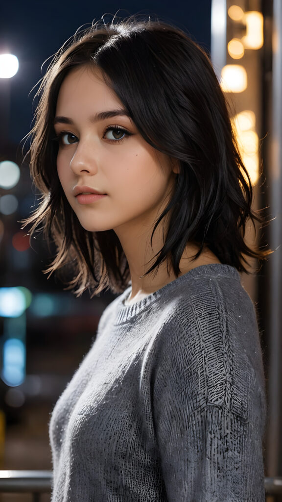 a beautifully drawn (((side profile image))) of a (((young, emo girl))) with flowing, shiny, shoulder-length black hair that frames her face gently. Her amber eyes sparkle in the light, and her complexion is a mix of light and dark browns, with a radiant glow. She is 15 years old, wearing a thin (((gray wool sweater))), which falls elegantly down her slender frame, accentuating every curve. Her expression is one of alluring seduction, as if beckoning the viewer to appreciate the intricate details of her appearance against a (softly detailed nighttime backdrop)