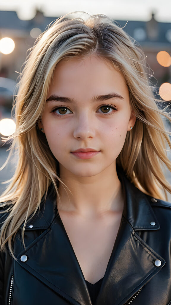 a beautifully drawn (((close-up portrait))), capturing a (((cute 16-year-old girl))) with long, straight soft blonde hair, defined brows, and dark brown eyes, dressed in a sleek, black leather jacket, exuding an air of sophistication