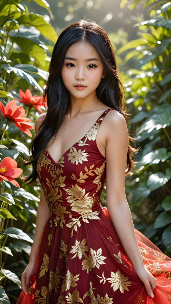 a beautifully drawn (((oriental girl))), with long middle-parted, side-swept black hair and big, round, cutely squinting (((black eyes))), accompanied by a (((round oval face))), dressed in a (((golden-patterned red tulle dress))), standing confidently amidst a (sunny, tranquil flower field) in a (vivid, lush jungle backdrop)