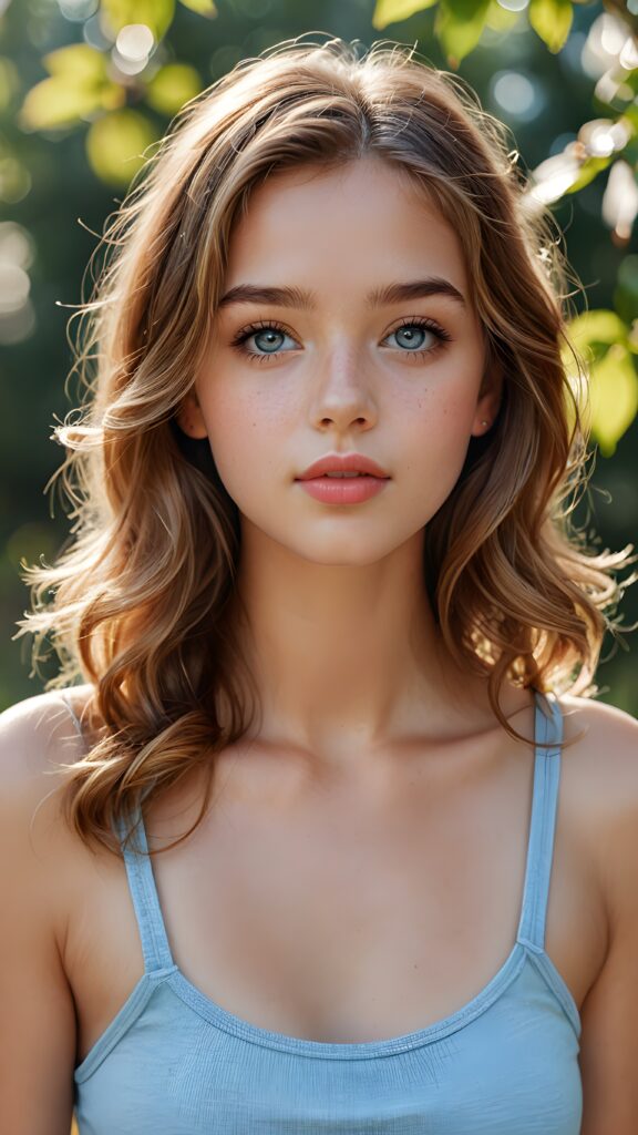 a beautifully drawn (((super realistic illustration))), featuring an (adorable teen girl) with (full, angelic round lips), (wavy hazelnut hair), and a (perfect face) with soft, (light blue eyes), she wears a plain short tank top