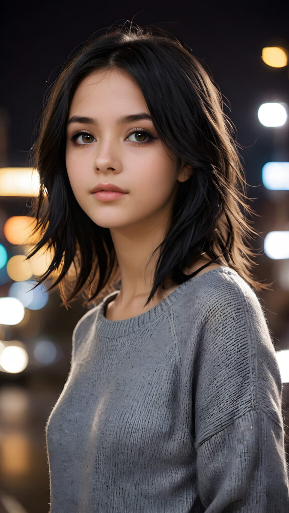 a beautifully drawn (((side profile image))) of a (((young, emo girl))) with flowing, shiny, shoulder-length black hair that frames her face gently. Her amber eyes sparkle in the light, and her complexion is a mix of light and dark browns, with a radiant glow. She is 15 years old, wearing a thin (((gray wool sweater))), which falls elegantly down her slender frame, accentuating every curve. Her expression is one of alluring seduction, as if beckoning the viewer to appreciate the intricate details of her appearance against a (softly detailed nighttime backdrop)